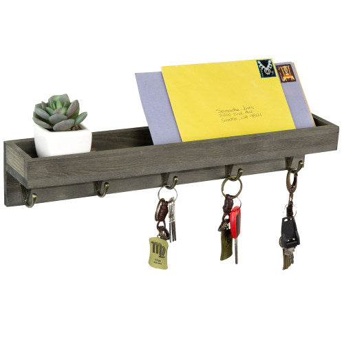 Vintage Gray Wood Floating Entryway Shelf w/ Key Hooks-MyGift