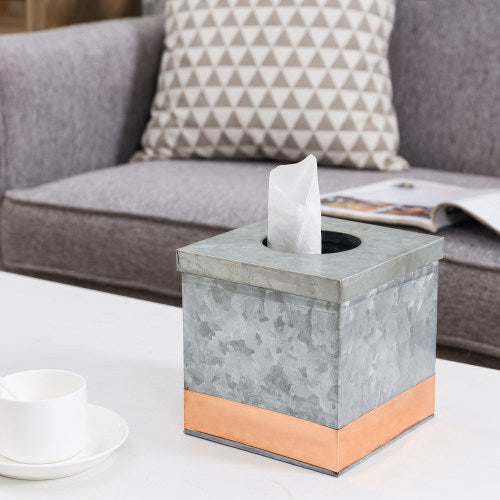 Galvanized Metal Square Tissue Box Cover w/ Copper Accent Strip-MyGift