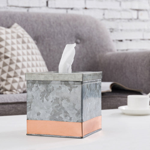 Galvanized Metal Square Tissue Box Cover w/ Copper Accent Strip-MyGift