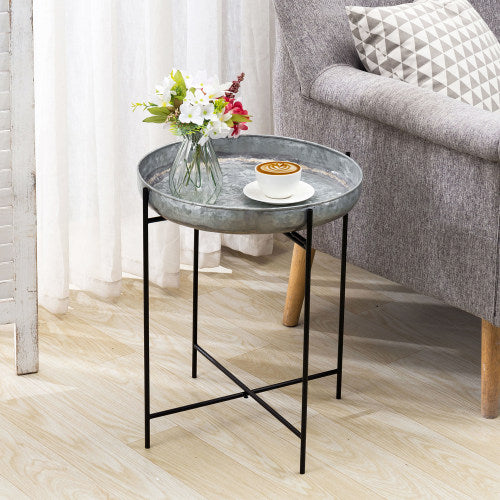 Rustic Silver Galvanized Metal Tray End Table-MyGift