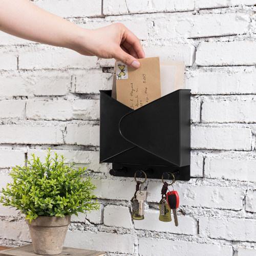 Industrial Style Black Metal Mail Organizer Rack with Hooks - MyGift