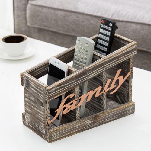 Torched Wood Remote Control Holder with Family Letter Design - MyGift