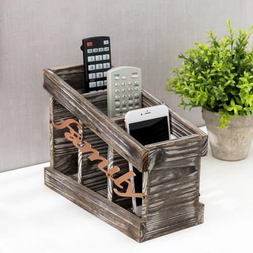 Torched Wood Remote Control Holder with Family Letter Design - MyGift