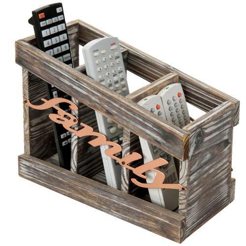 Torched Wood Remote Control Holder with Family Letter Design - MyGift