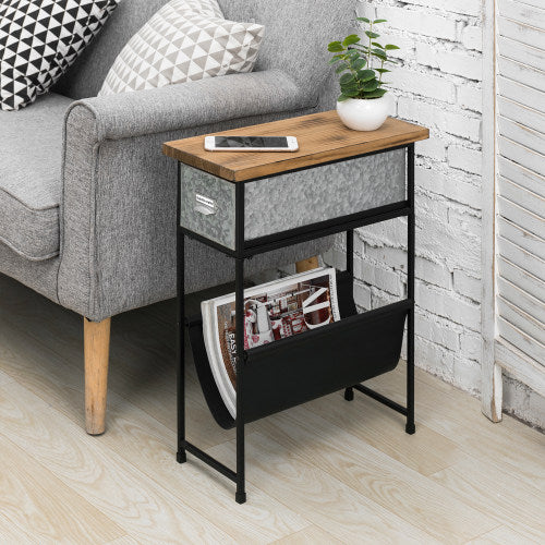 Rustic Burnt Wood and Black Metal Side Table w/ Silver Galvanized Drawer and Leatherette Magazine Holder-MyGift