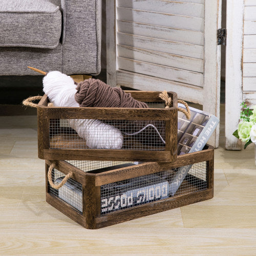 Dark Brown Wood and Metal Wire Storage Crates, Set of 2-MyGift