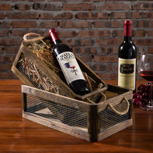 Dark Brown Wood and Metal Wire Storage Crates, Set of 2-MyGift