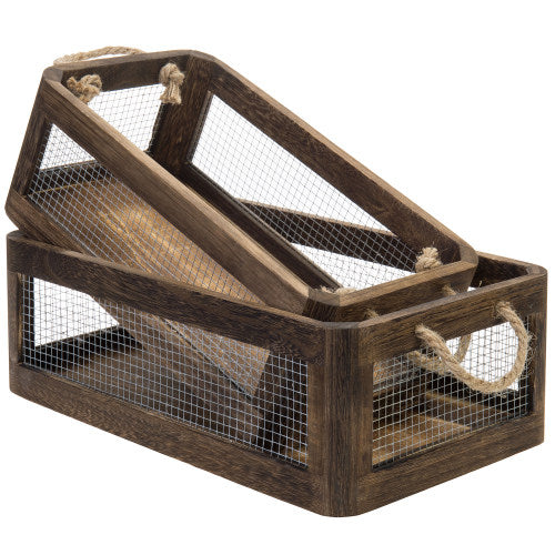 Dark Brown Wood and Metal Wire Storage Crates, Set of 2-MyGift