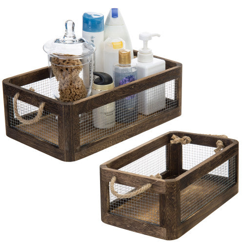 Dark Brown Wood and Metal Wire Storage Crates, Set of 2-MyGift
