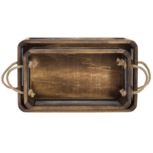 Dark Brown Wood and Metal Wire Storage Crates, Set of 2-MyGift