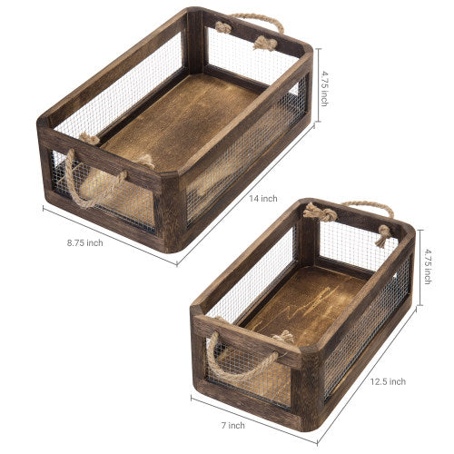 Dark Brown Wood and Metal Wire Storage Crates, Set of 2-MyGift
