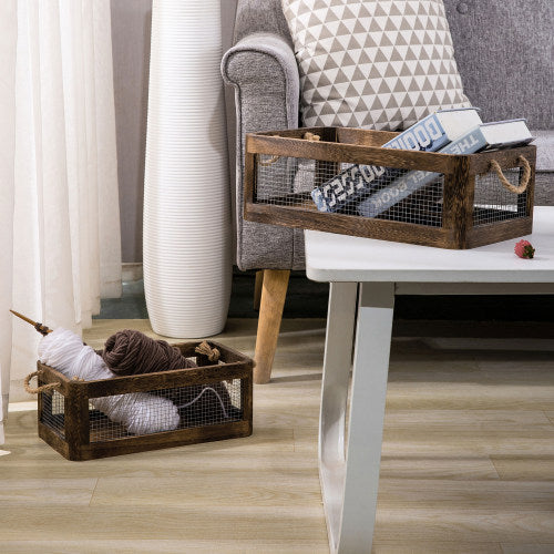 Dark Brown Wood and Metal Wire Storage Crates, Set of 2-MyGift