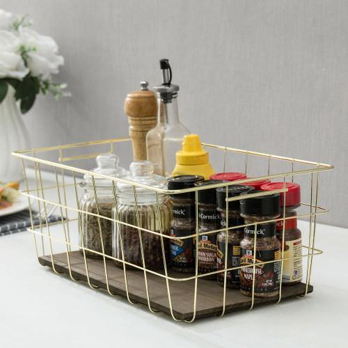 Brass Metal Wire Baskets with Wood Bases, Set of 2 - MyGift