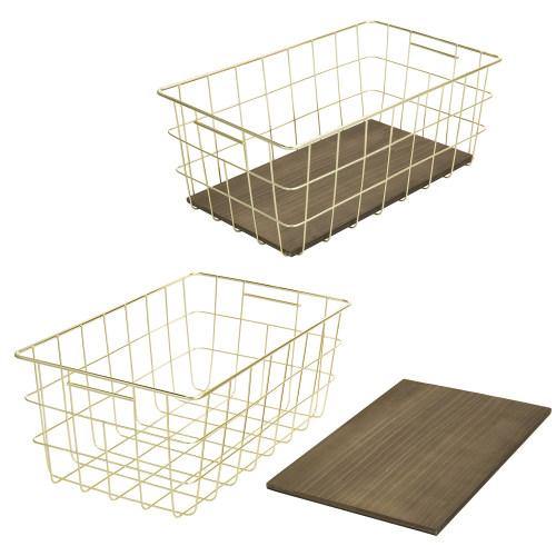 Brass Metal Wire Baskets with Wood Bases, Set of 2 - MyGift