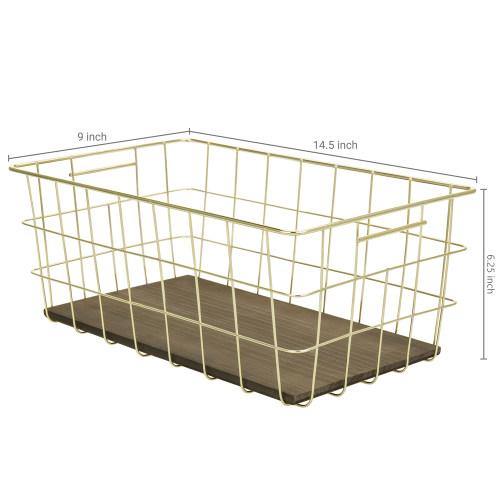 Brass Metal Wire Baskets with Wood Bases, Set of 2 - MyGift