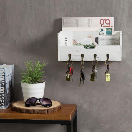 Distressed White Wood Entryway Organizer w/ Hooks - MyGift