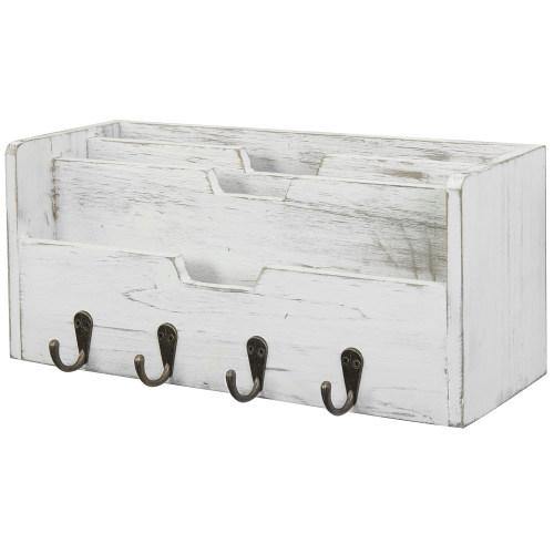 Distressed White Wood Entryway Organizer w/ Hooks - MyGift