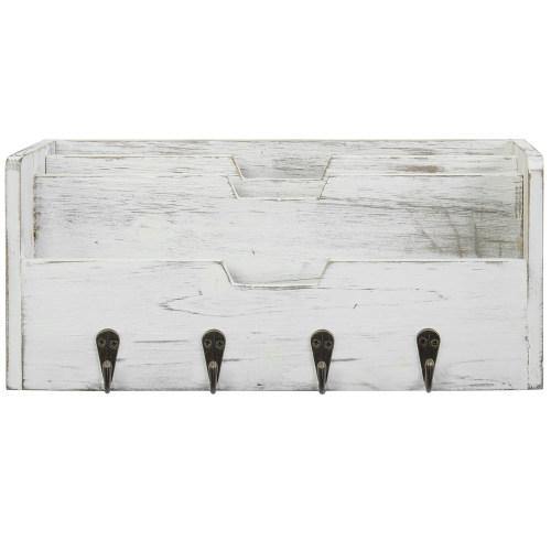 Distressed White Wood Entryway Organizer w/ Hooks - MyGift