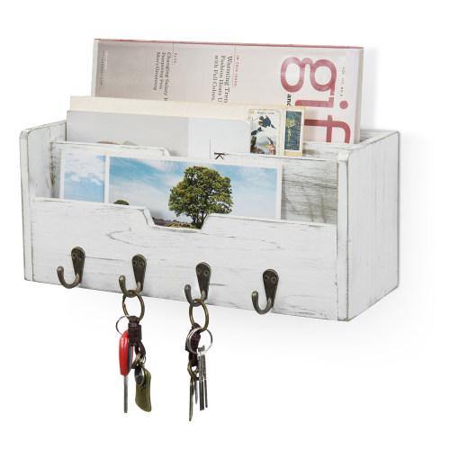 Distressed White Wood Entryway Organizer w/ Hooks - MyGift