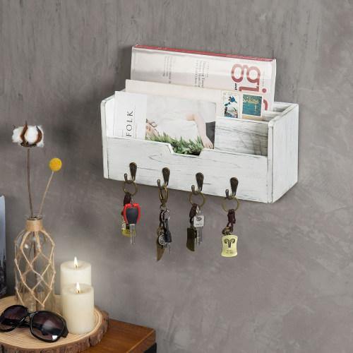 Distressed White Wood Entryway Organizer w/ Hooks - MyGift