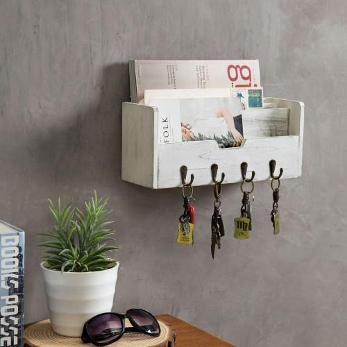 Distressed White Wood Entryway Organizer w/ Hooks - MyGift
