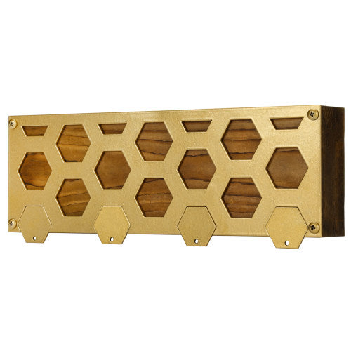 Honeycomb Brass Metal & Burnt Wood Mail Organizer w/ 4 Magnetic Key Hooks-MyGift