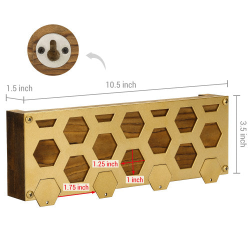 Honeycomb Brass Metal & Burnt Wood Mail Organizer w/ 4 Magnetic Key Hooks-MyGift