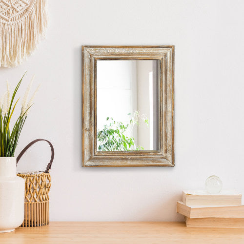 Vintage Whitewashed Brown Wooden Wall Mirror-MyGift