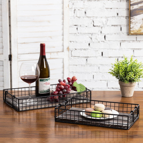 Black Metal Wire Nesting Trays w/ Torched Wood Base & Handles, Set of 2-MyGift