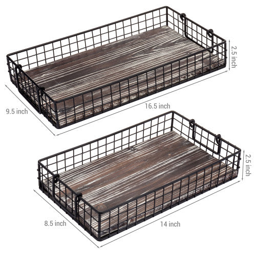 Black Metal Wire Nesting Trays w/ Torched Wood Base & Handles, Set of 2-MyGift