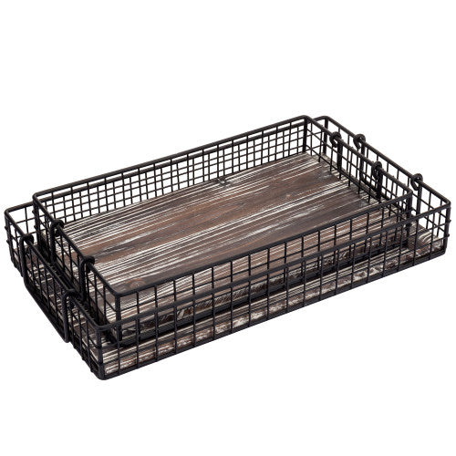 Black Metal Wire Nesting Trays w/ Torched Wood Base & Handles, Set of 2-MyGift