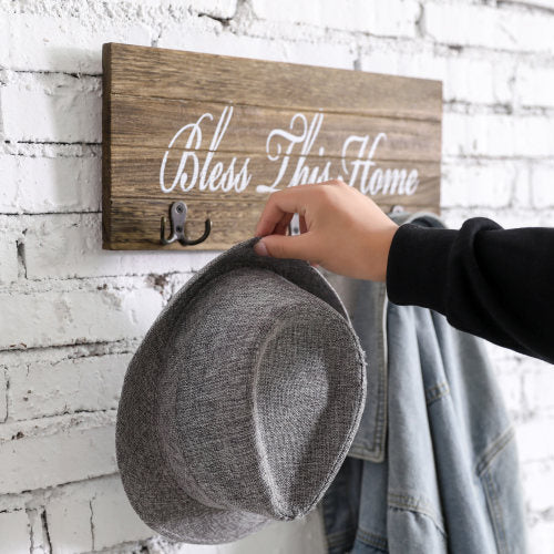 Rustic Burnt Dark Brown Wood Entryway Rack w/ Writing-MyGift