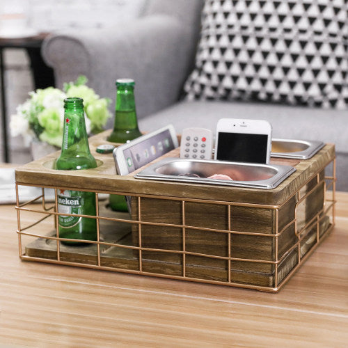 MyGift Rustic Burnt Brown Wood Sofa Snack Caddy, All-One Serving Crate Tray