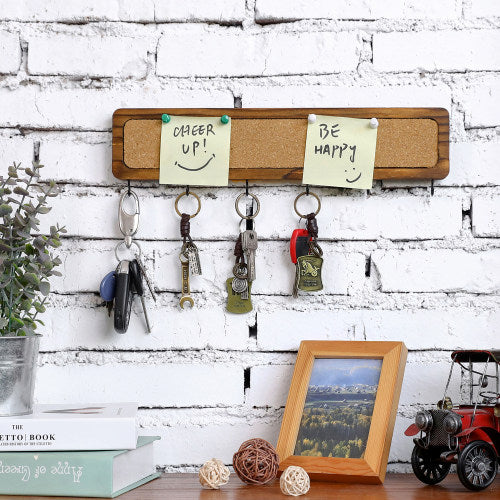 Dark Brown Burnt Wood Key Rack w/ Cork Board-MyGift
