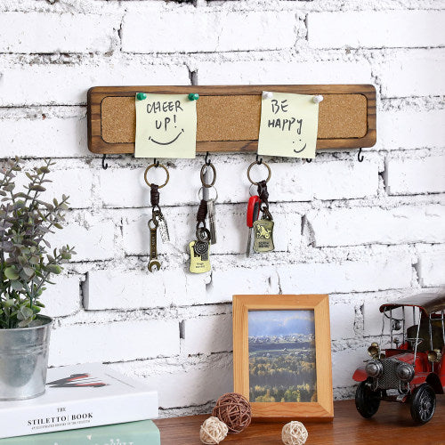 Dark Brown Burnt Wood Key Rack w/ Cork Board-MyGift