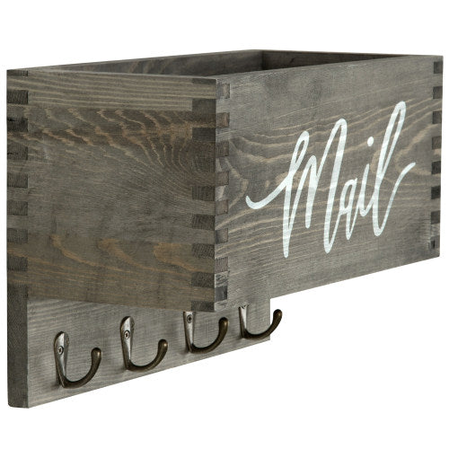 Vintage Gray Wood Mail Organizer w/ Key Hooks-MyGift