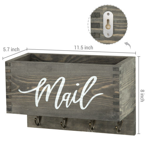 Vintage Gray Wood Mail Organizer w/ Key Hooks-MyGift