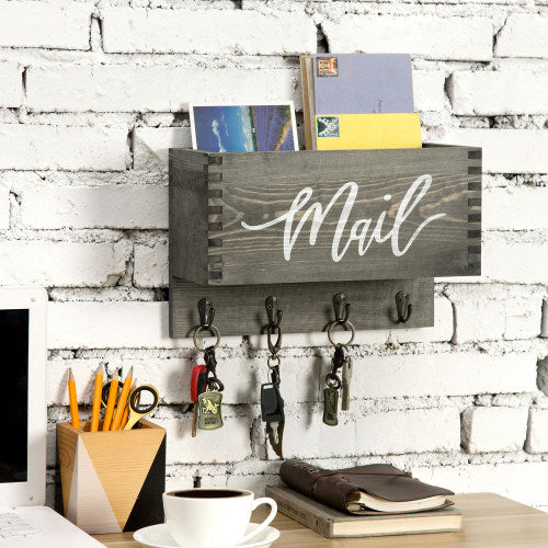 Vintage Gray Wood Mail Organizer w/ Key Hooks-MyGift
