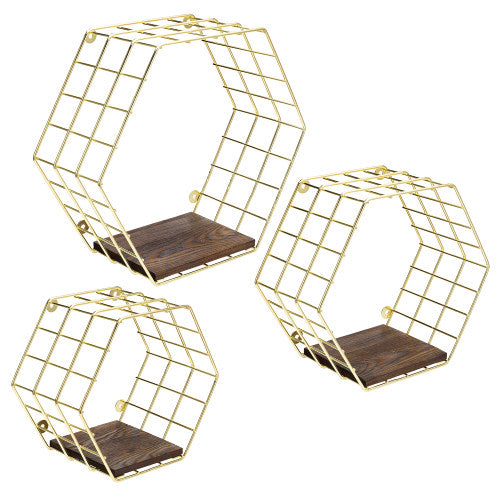 Brass Tone Metal Wire & Burnt Wood Hexagon Display Shelves, Set of 3-MyGift