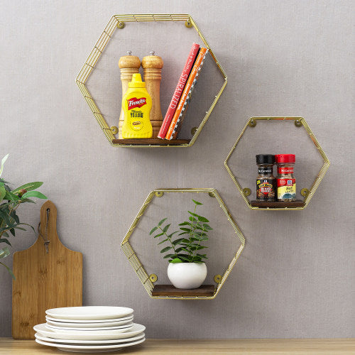 Brass Tone Metal Wire & Burnt Wood Hexagon Display Shelves, Set of 3-MyGift