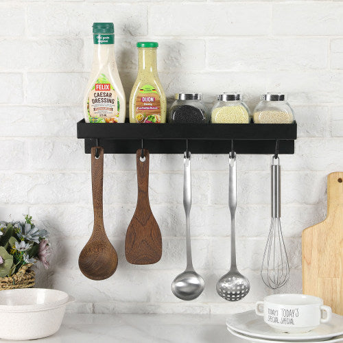 Black Metal Towel Hooks for Bathroom Wall Mounted Floating Shelf, Decorative Bathroom Wall Shelf with 5-Hooks-MyGift