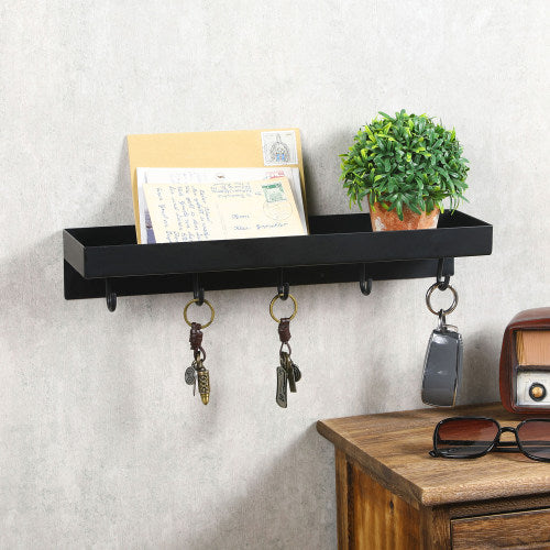 Black Metal Towel Hooks for Bathroom Wall Mounted Floating Shelf, Decorative Bathroom Wall Shelf with 5-Hooks-MyGift