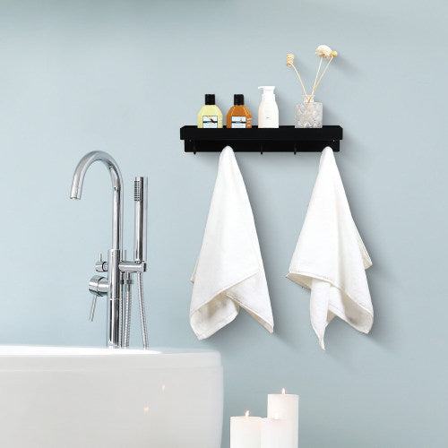 Black Metal Towel Hooks for Bathroom Wall Mounted Floating Shelf, Decorative Bathroom Wall Shelf with 5-Hooks-MyGift