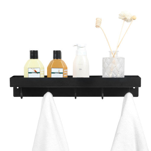Black Metal Towel Hooks for Bathroom Wall Mounted Floating Shelf, Decorative Bathroom Wall Shelf with 5-Hooks-MyGift