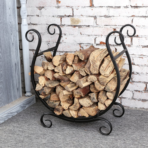 Freestanding Black Metal Scrollwork Firewood Rack