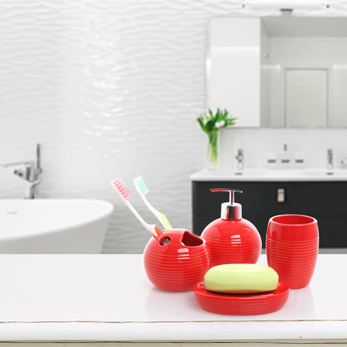 4-Piece Red Ceramic Bathroom Accessory Set-MyGift