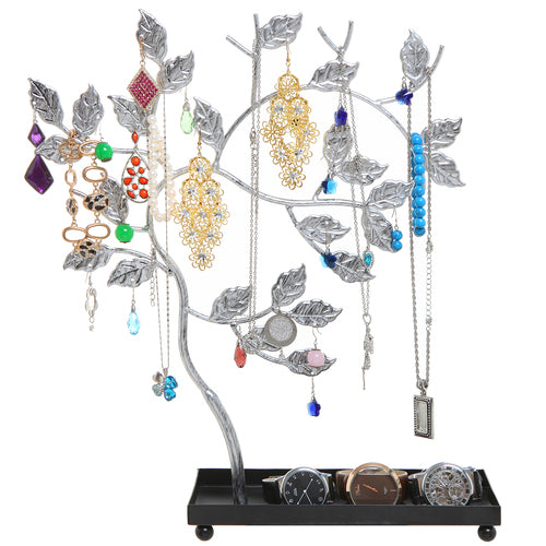 Silver-Tone Metal Jewelry Tree, Necklace and Earrings Hanger Display Stand with Ring Tray-MyGift