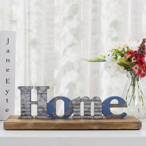 Blue Galvanized Metal Sign with Rustic Wood Base - MyGift