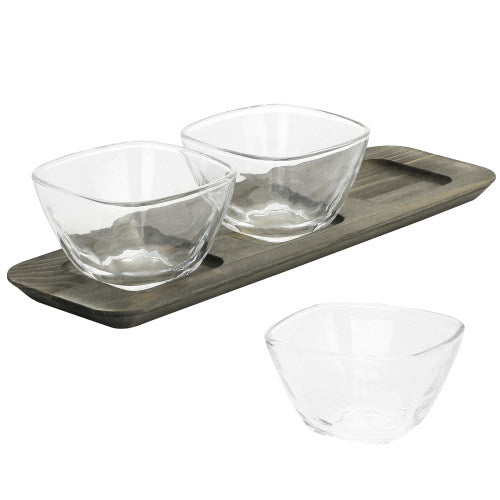 Gray Wood Serving Condiment Set w/ 3 Clear Glass Bowls-MyGift