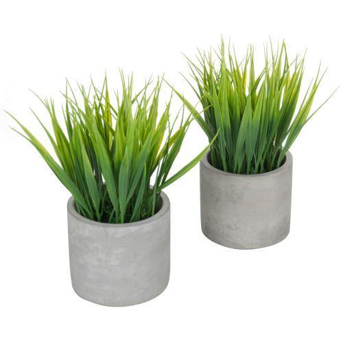 Artificial Green Grass in Gray Cement Pots, Set of 2 - MyGift
